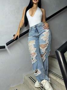 女士破洞直筒牛仔裤 - 毛边破洞牛仔裤，复古街头风 - 淺色水洗藍 - 查看 3