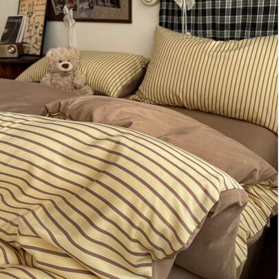 4件套米色和棕色条纹床上用品套装，复古休闲风格，柔软透气的被套套装，可机洗且不易褪色，适合乡村风、侘寂风和ins风卧室（1个被套+1个床单+2个枕套，不含被芯和枕芯，枕套图案随机裁剪）