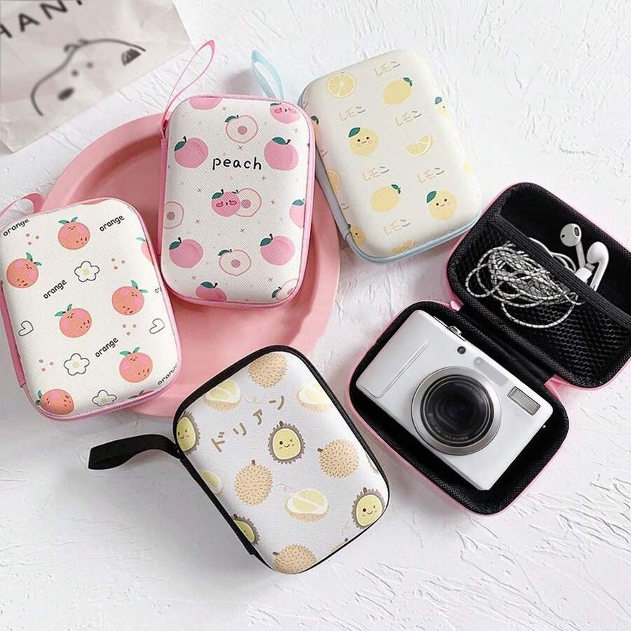 Cute Cartoon CCD Camera Bag, Portable Mini Digital Storage Bag, Fruit Print Cable, Earphone, Charger Protective Case, Anti-Pressure Anti-Drop Hard Shell Bag, Student Accessory Organizer - View 1