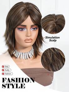 12 Inch Deep Brown Highlight Layered Short Wavy Wig, Textured Women's Wig, Deep Brown Hair, Short Wig, Layered Wig, Everyday Wig, Office Wig, Street Wig, Date Wig, Women's Hair, Suitable For Teenage Girls And Young Adults - Màu nâu highlight - Xem 8