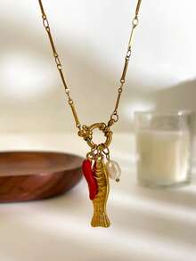 Monlansher New Arrival Women's Stainless Steel Necklace With Unique Fish, Pearl, Chili Pepper Pendant Design, Bohemian Style Fashion Necklace For Holiday, Vacation, And Daily Wear - Multicolor - View 7