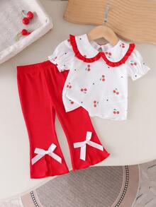Bộ đồ 2 món cho bé gái, gồm áo tay ngắn cổ Peter Pan họa tiết quả anh đào dễ thương và quần đỏ, thích hợp cho mùa xuân/hè. - Đỏ - Xem 2