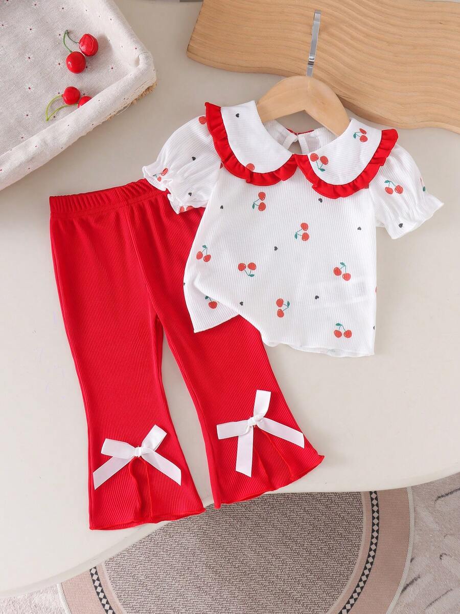 Conjunto de 2 piezas de blusa de manga corta con cuello Peter Pan con estampado de cerezas lindas + pantalones rojos para niñas bebés, primavera/verano - Rojo - Ver 1