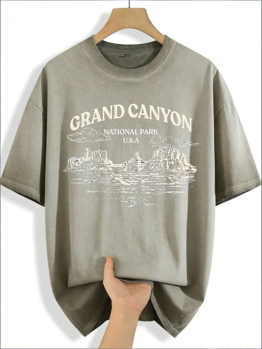 Men's Grand Canyon National Park Pattern T-Shirt -100% Cotton, Short Sleeved, Round Neck, Summer Casual Outdoor Clothing, Machine Washable Christmas Gifts For Men Mens Gifts - 髒洗軍綠色 - 查看 1