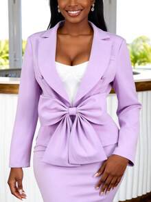 AOMEI 女士优雅浅紫色蝴蝶结前襟荷叶边修身长袖商务休闲西装外套 - 淡紫色 - 查看 6
