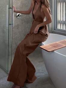 Conjunto de top de algodón y lino con atar en el cuello en forma de A y pantalones rectos holgados para mujer, uso casual diario y vacacional, elegante para primavera/verano - Café integral - Ver 4