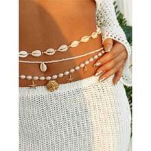 3pcs Multilayer Bohemian Beach Style Pearl Starfish Beaded Waist Chain Beach Body Jewelry Chain For Women - 彩色 - 查看 7