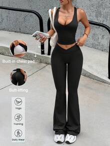 Aoqta Sports 女士夏季休闲纯色两件套，修身性感无袖吊带背心带胸垫V领和交叉腰喇叭裤，适合瑜伽、跑步、健身、日常穿着。 - 黑色 - 查看 1