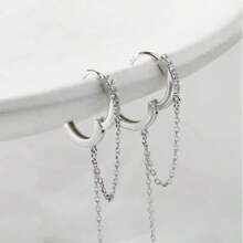 Boucles d'oreilles longues à franges en cubic zirconia cubique étincelant, boucles d'oreilles créoles personnalisées hip-hop avec perle, accessoire polyvalent pour les fêtes et les mariages - Argent - Voir 3