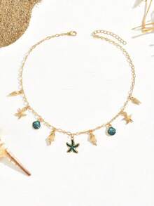 1pc Fashionable ZA Pendant Necklace, Retro Boho Beach Style With Starfish, Shell, Turtle & Multi-Pendant Design, Layered Choker Necklace, Party/Holiday Gift, Versatile Accessory - Blue - View 2