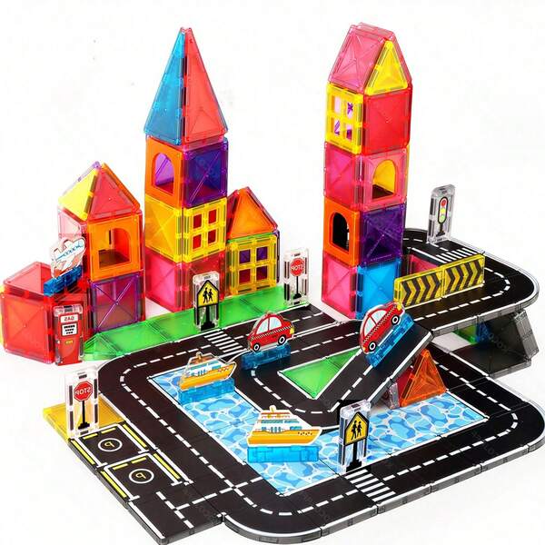52/100pcs Medium-Sized Magnetic Building Blocks Toys For Kids, Colorful Window Track With Transportation Toys, Creative Children's Building Blocks Toys, Best Birthday Holiday Gift For Kids, Educational & Developmental