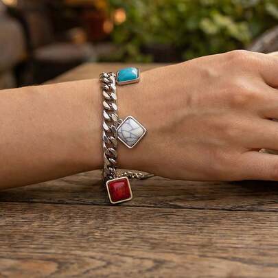1 chiếc vòng tay kết hợp hình khối hình học bằng thép không gỉ kiểu Âu và Mỹ dành cho nữ, mặt dây chuyền màu xanh dương, đỏ và trắng, thanh lịch, thời trang, tối giản, đa năng, phù hợp cho trang phục thường ngày, công sở và đi làm.