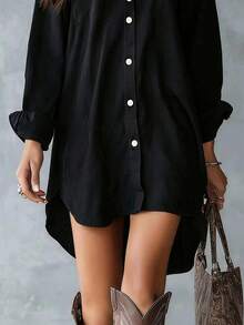 Blusa casual de mujer de manga larga, cuello de solapa, botones delanteros, bajo asimétrico, de poliéster, con bolsillos, para primavera - Negro - Ver 5