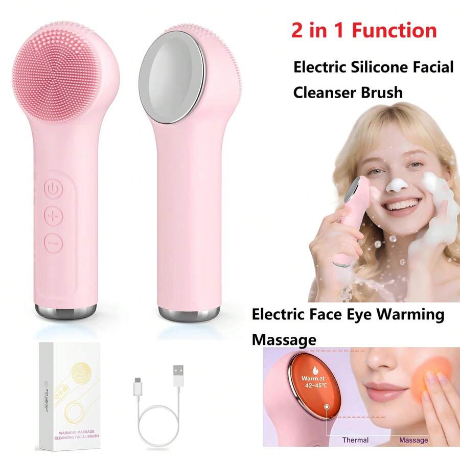 Cepillo de limpieza facial eléctrico de silicona 2 en 1 y dispositivo de masaje suave para cara y ojos, 800mAh - Multicolor - Ver 1