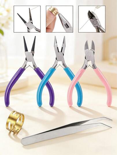 5pcs Stainless Steel Professional Jewelry Making Tool Kit - Essential Beading & Jewelry Making Tools And Accessories For Handcraft DIY Projects - Includes Flat Nose Pliers, Round Nose Pliers, Diagonal Cutters, Ring Opener And Tweezers