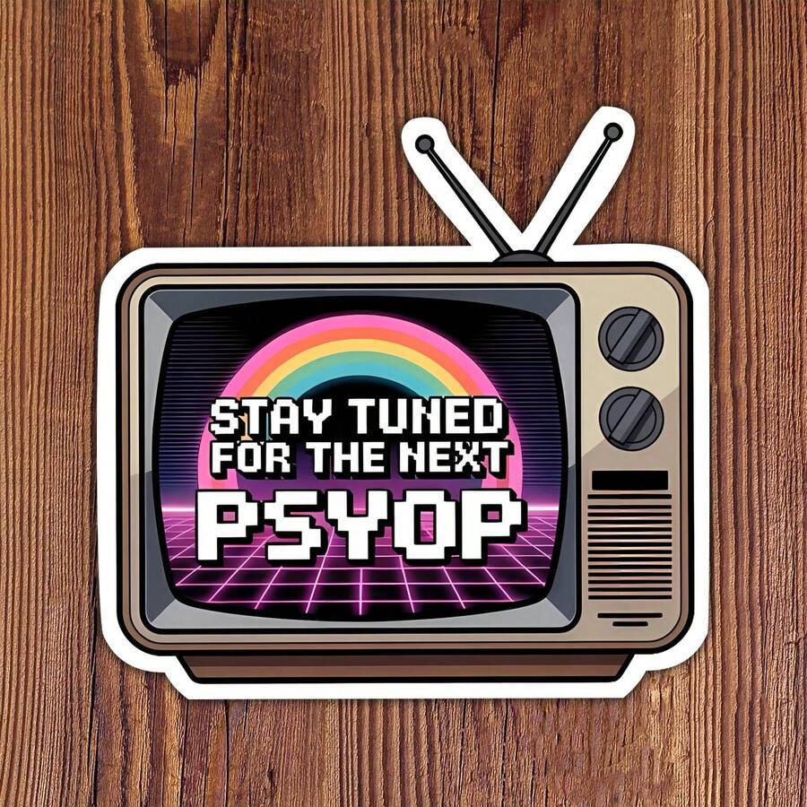 3Inches 1PC Stay Tuned For The Next Psyop, Retro Tv Aesthetic Sticker For Students, Office Workers, Creatives, Teachers, Water‑Bottle Decorators, Notebook Artists, Commuters, Retail Workers, Laptop , Media‑Studies Nerds, And Anyone Who Loves Surreal, Tongue‑In‑Cheek Humor - A - View 1