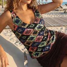Women Y2K Sequin Tank Tops Contrast Sparkly V Neck Sleeveless Slim Vest Going Out Cami Top Stylish Summer Streetwear Club Party Night Out - 黑色 - 查看 5
