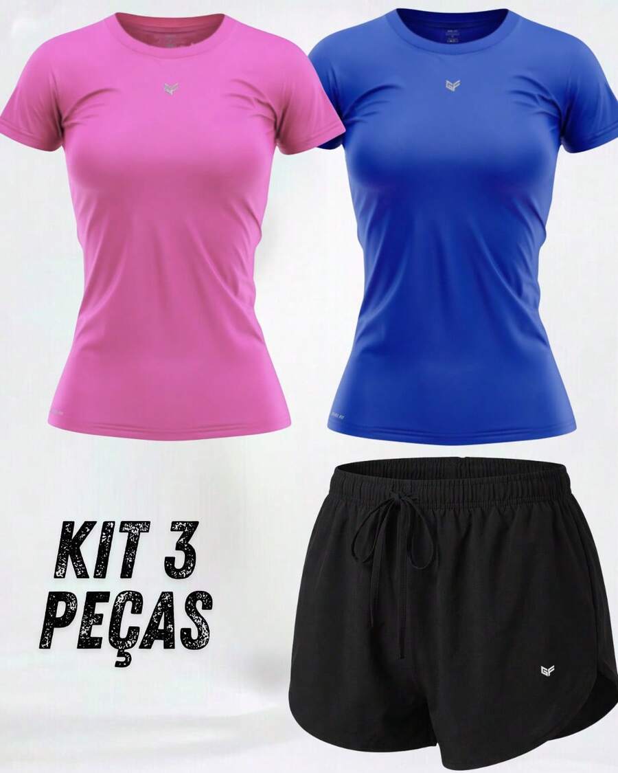 Women's 3-Piece Gym Kit: 2 Dry Fit T-Shirts + Comfortable Tactel Shorts - Women's 3-Piece Fitness Set With 2 Dry Fit Tops + Lightweight Shorts - Kit K - 查看 1