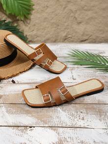 Dép lê nữ mùa hè mới, đế bằng, chống trượt, kiểu dáng thời trang, khóa vuông, chất liệu da PU, thích hợp đi biển và làm dép xăng đan. - màu nâu - Xem 8