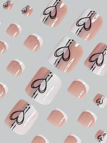 Instantly Upgrade Your Look With 24pcs Short Square False Toenails Soft White French Manicure With Black Heart Shaped Toenails And Elegant Nude Toenails Full Coverage Fake Nail Tips For Women And Girls Includes 1 Sheet Adhesive Tabs & 1 Pc Mini File Strip Jelly Gel Random Shipment - White - View 4