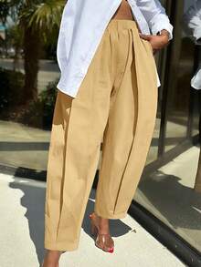 Plus Size Women's Elastic Waist Casual Daily Khaki Slim Pants, Solid Color, Suitable For Spring, Autumn And Winter - Brown - View 2
