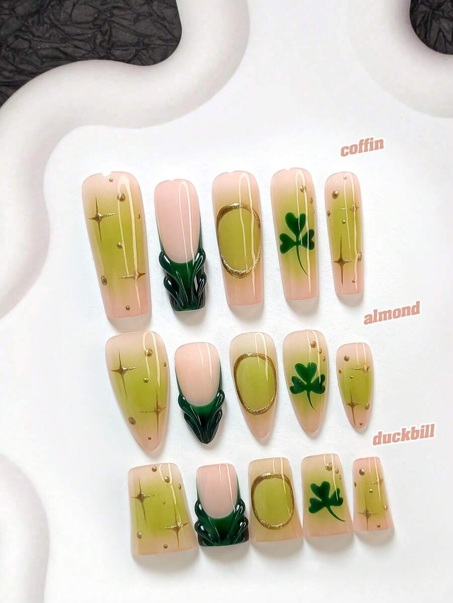 10pcs Spring Clover Style Handmade Nail Art Set, Including Gel Nail Kit, Clover Decor, Golden Glitter, Green Nail Polish, Fresh Lucky Style, With Nail Tools (1 Jelly Sticker + 1 Nail File), 3 Size Options Suitable For Almond, Duck Mouth, Coffin Nails, Applicable For Party, Daily, Party, Photography, Spring/Summer Commute - Multicolor - View 1