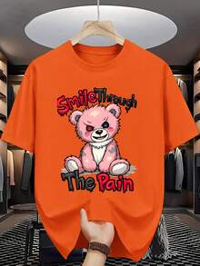 Nuevas camisetas casuales de primavera y verano para hombre, de cuello redondo y a la moda, hechas de tejido de punto de poliéster, ligeramente elásticas, de corte regular, con un diseño de oso rosa y el mensaje "Face Pain with a Smile", adecuadas para uso adulto. - azul real - Ver 4