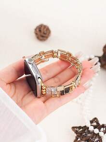 1 pieza Nuevo brazalete elástico asimétrico con bloque geométrico para mujeres/niñas, compatible con Apple Watch Series 11 10 9 8 7 6 5 4 3 2 1 y Ultra 1/2/3SE (se ajusta a 38/40/41/42/44/45/46/49mm), accesorio de pulsera, regalo perfecto de cumpleaños/Día de San Valentín para amigos o novia (reloj no incluido) - Dorado - Ver 4
