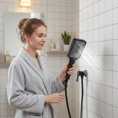 Đầu vòi sen 3 chức năng với chế độ phun tia, tấm chắn tiết kiệm nước lớn, bộ tăng áp cao, đầu phun silicon tự làm sạch cho áp suất nước thấp.