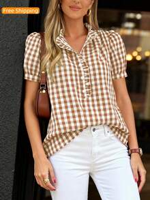 Puff Sleeve Striped Ruffle Blouse V Neck Button Front Summer Top Chic Casual Work Office Outfit For Women - Khaki Plaid - View 3