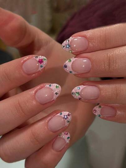 24Pcs Pink Short Oval Fake Nails Set, Shiny Multicolor Star Rhinestone & Pearl Decor, Nude Pink French Glossy Press On Nails, Sweet & Cute, Perfect For Summer