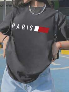 Women's Paris Letter Print Loose Comfortable Round Neck Casual Top, Summer - Dark Grey - View 2