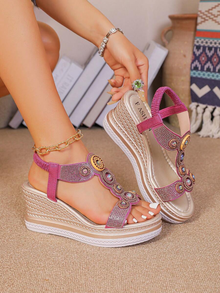 2025 New Bohemian Platform Wedge Sandals For Women, High Heel Thick Bottom Roman Chunky Heel Sandals - Hot Pink - View 1