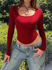 Casual Long Sleeve Crew Neck T-Shirt, American Classic Slim Fit Versatile Top - Burgundy - View 6