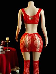 1套性感内衣女式弹力渔网连体衣2件套，异域舞者服装 - 紅色 - 查看 5