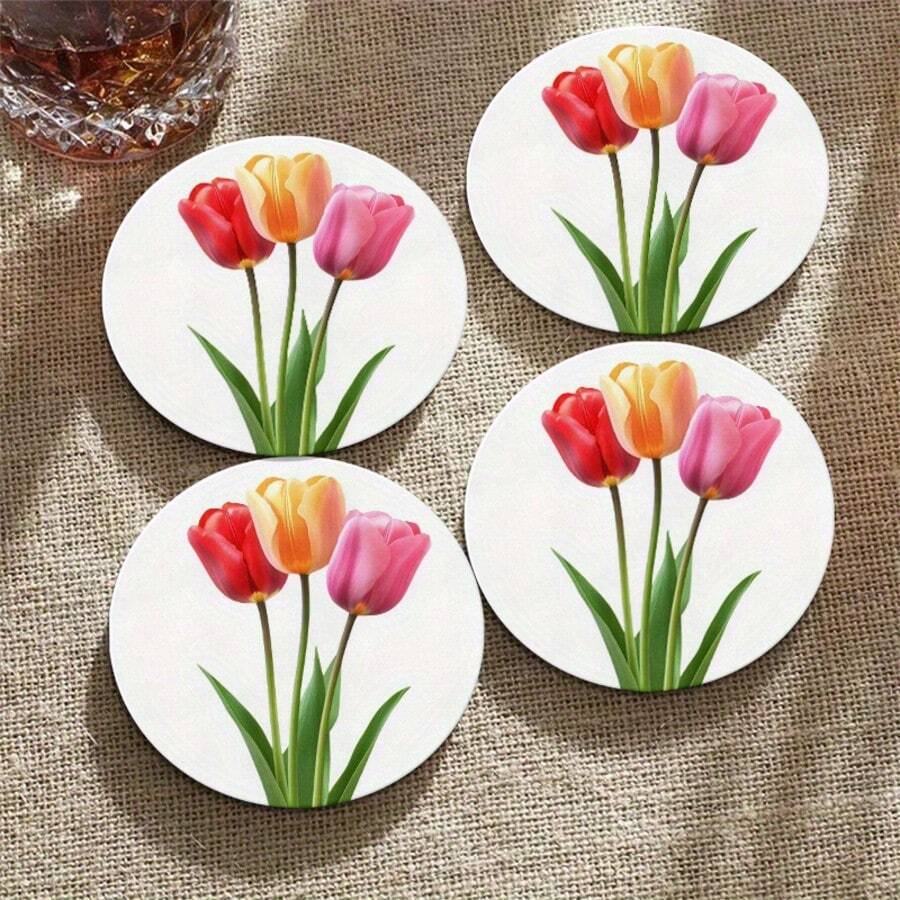 4 piezas Posavasos redondos con estampado de tulipanes 2D, material de PET, adecuados para patio, cocina, sala de estar, reuniones en el hogar, decoración de mesa, regalo para amigos y familiares, ideal para el Día de San Valentín, boda, Día de la Madre, fiesta de cumpleaños, accesorios de decoración del hogar - Multicolor A - Ver 1