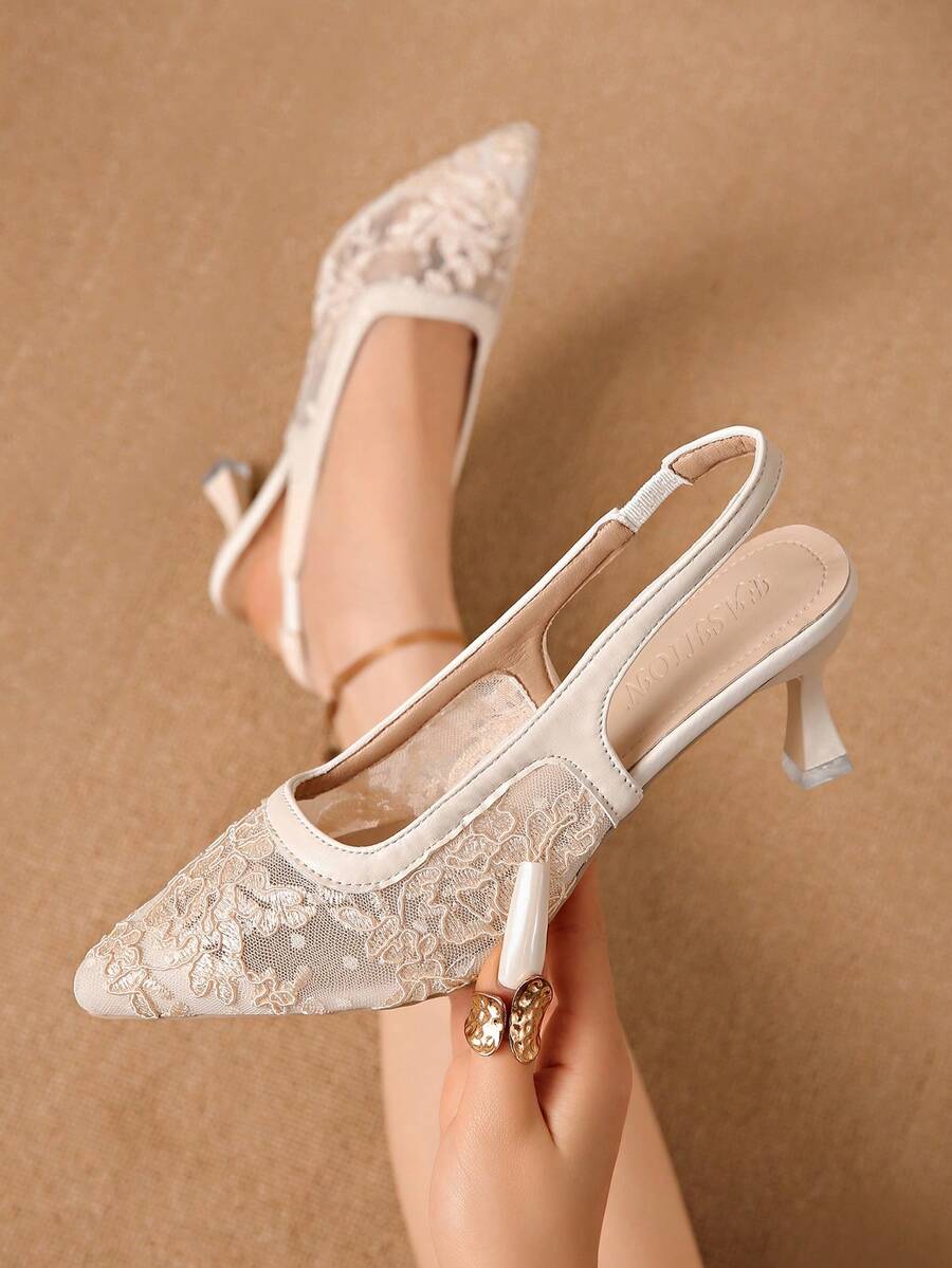 Nuovi muli con tacco alto in stile cinese bianco con fiocco in rete, sandali da donna con punta affusolata, ricamo in pizzo, slip-on, tacco sottile/spesso - Beige - Visualizzare 1