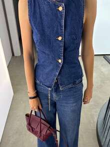 DEEKA 夏季新款女士休闲时尚简约牛仔吊带背心配腰带及阔腿牛仔裤套装 - 藍色 - 查看 6