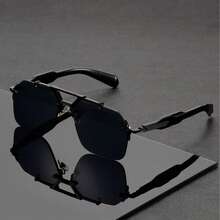 三副无框双梁时尚眼镜，金属材质，防晒，未来朋克风，街头潮流风格 - 金框黑片+黑框灰片 - 查看 4