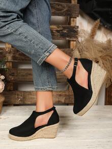 Breathable Closed Toe Wedge Sandals With Rope Accent, Fashionable And Comfortable - Black - View 4