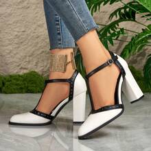 Contrast Color Casual PU Leather Patchwork Women's High Heels, Suitable For Party & All Seasons - White - View 3