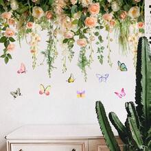 Romantic Hanging Rose Wall Sticker Set With Colorful Butterflies, Peach & Cream Floral Vine Decal For Bedroom Living Room, Waterproof Self-Adhesive Bathroom Decor Sticker Wall Stickers Wall Sticker Wall Decor Stickers Home Decor Art - T149 - View 4