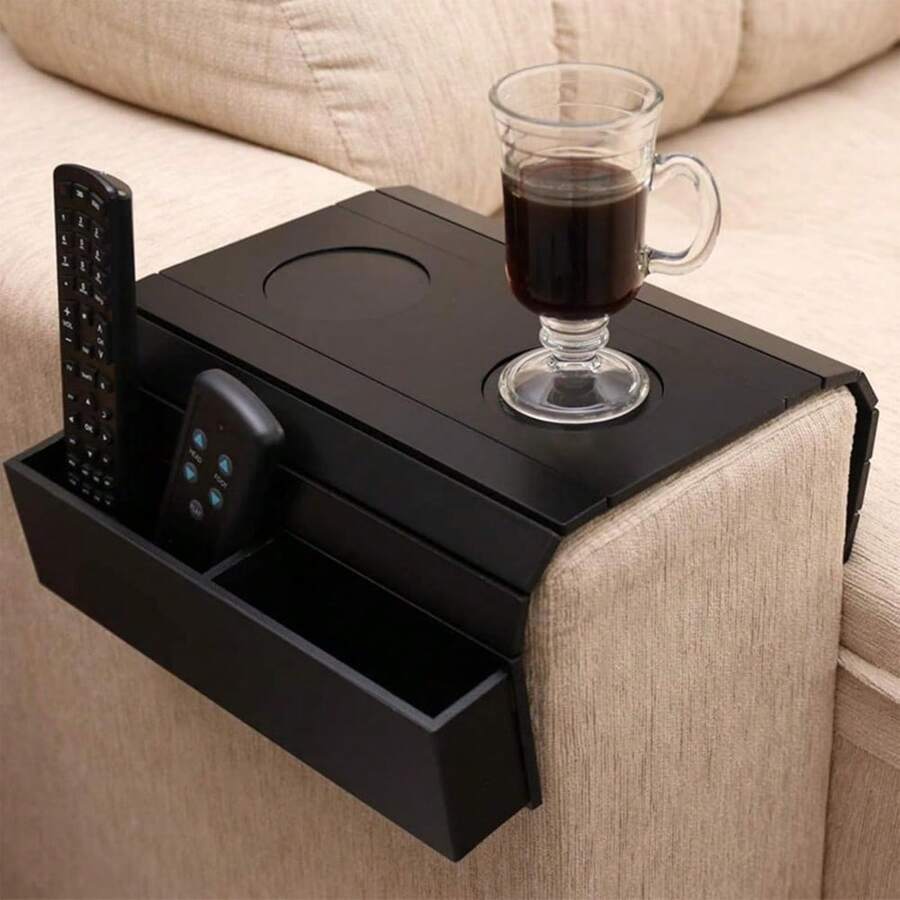 Couch Arm Tray, Couch Arm Table With 2 Non-Slip Cup Coasters And Sofa Backrest Shelf, Couch Cup Holder Tray, Stable And Fixed, Easy To Clean - A - View 1