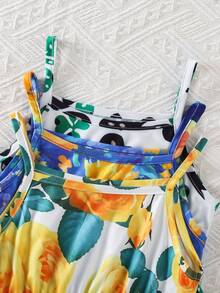 Bộ 3 món váy ngủ dáng chữ A rộng rãi phong cách Bohemian mùa hè cho bé gái, in họa tiết cỏ ba lá và hoa hồng, thích hợp đi biển. - Nhiều màu - Xem 4