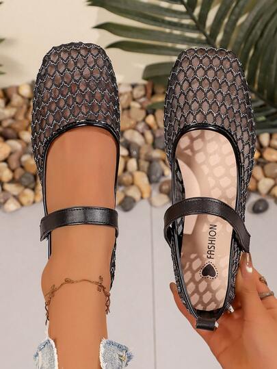 1 Pair Women's Mary Jane Rhombus Pattern Elegant Fashion Inlaid Contrast Trim Flat Mesh Shoes, Breathable Soft Suitable For Holiday, Party, Office, Home, All Seasons