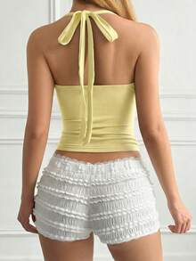 Camiseta sin espalda con cuello halter y diseño fruncido en el frente, estilo Y2K sexy, adecuada para la playa, uso casual y diario - Amarillo - Ver 2