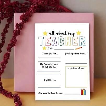1pc DIY Teacher Appreciation Greeting Card - Heartfelt Thank You Card For Teachers - All About My Teacher Card - Perfect For Graduation, Back To School, Teacher'S Day, Thansgiving Day, Teacher Appreciation Week Gift