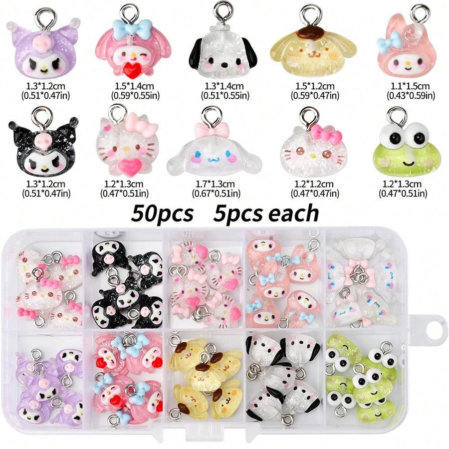 SANRIO 35个/50个可爱卡通树脂装饰品批发，3D迷你卡通动物吊坠装饰品，可用于DIY可爱手链装饰 - 彩色 - 查看 1