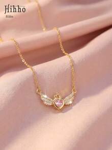 Hihho 1件“爱之守护者”皇冠天使翅膀粉色水晶心形吊坠项链，通勤和约会皆宜 - 天使翅膀 - 查看 12