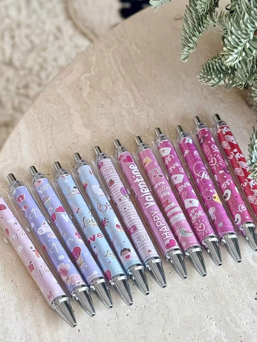Bộ bút bi quà tặng ngày Valentine (1 chiếc/6 chiếc/12 chiếc), bút bi mực đen viết trơn tru, quà tặng Valentine cho nữ giáo viên, văn phòng phẩm trường học, luyện viết, viết chữ đẹp. - Nhiều màu - View 1